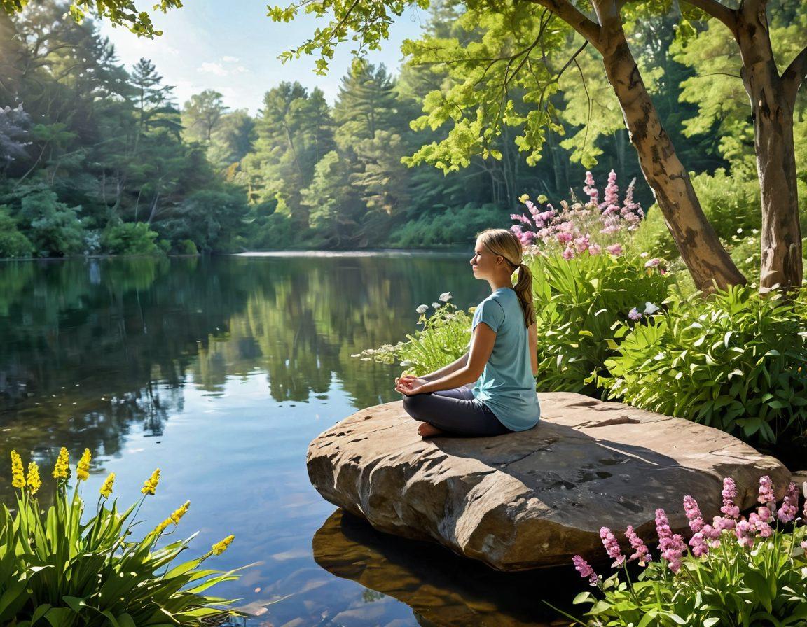 A serene landscape depicting a cancer survivor meditating on a large rock by a tranquil lake, surrounded by lush greenery and blooming flowers, symbolizing healing and hope. Soft rays of sunlight filtering through the trees create a warm, inviting atmosphere, while a gentle breeze adds motion to delicate butterflies fluttering nearby. Integrate abstract symbols of wellness like essential oils and herbal plants in the foreground. super-realistic. vibrant colors. peaceful ambiance.