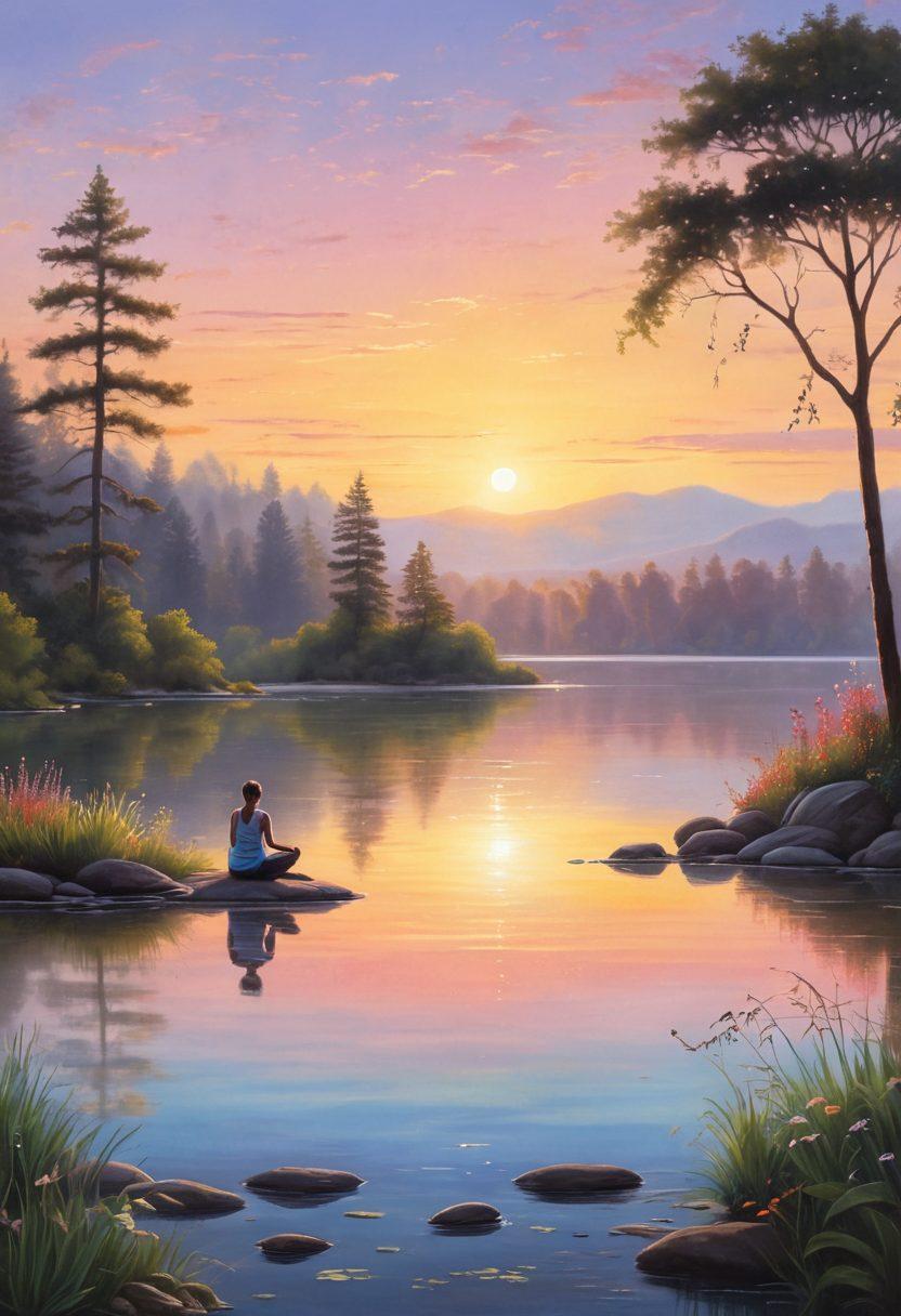 A serene landscape depicting a peaceful sunrise over a tranquil lake, with silhouettes of diverse individuals engaged in supportive group activities like yoga and meditation on the shore. Include symbols of wellness, such as plants and positive affirmations, blending into the natural scenery. The atmosphere should exude hope, resilience, and community. soft pastel colors. vibrant details. soothing and inspirational.