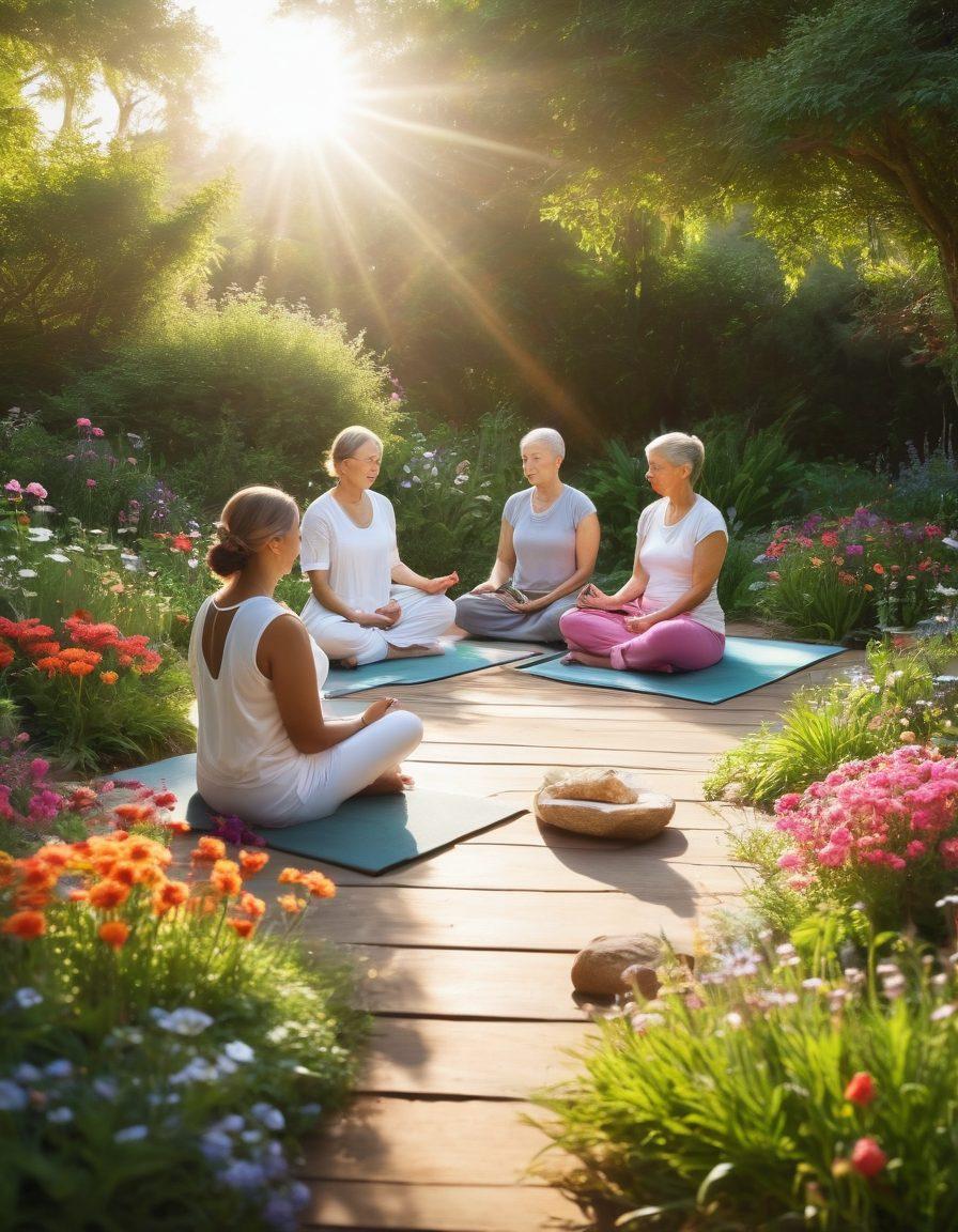 A serene scene depicting a group of cancer survivors meditating in a sunlit garden, surrounded by vibrant flowers and greenery, symbolizing healing and wellness. Incorporate elements of holistic health like herbal tea, essential oils, and yoga mats. Showcase a gentle sunrise in the background, representing new beginnings. The atmosphere should feel peaceful and uplifting. super-realistic. vibrant colors. natural setting.